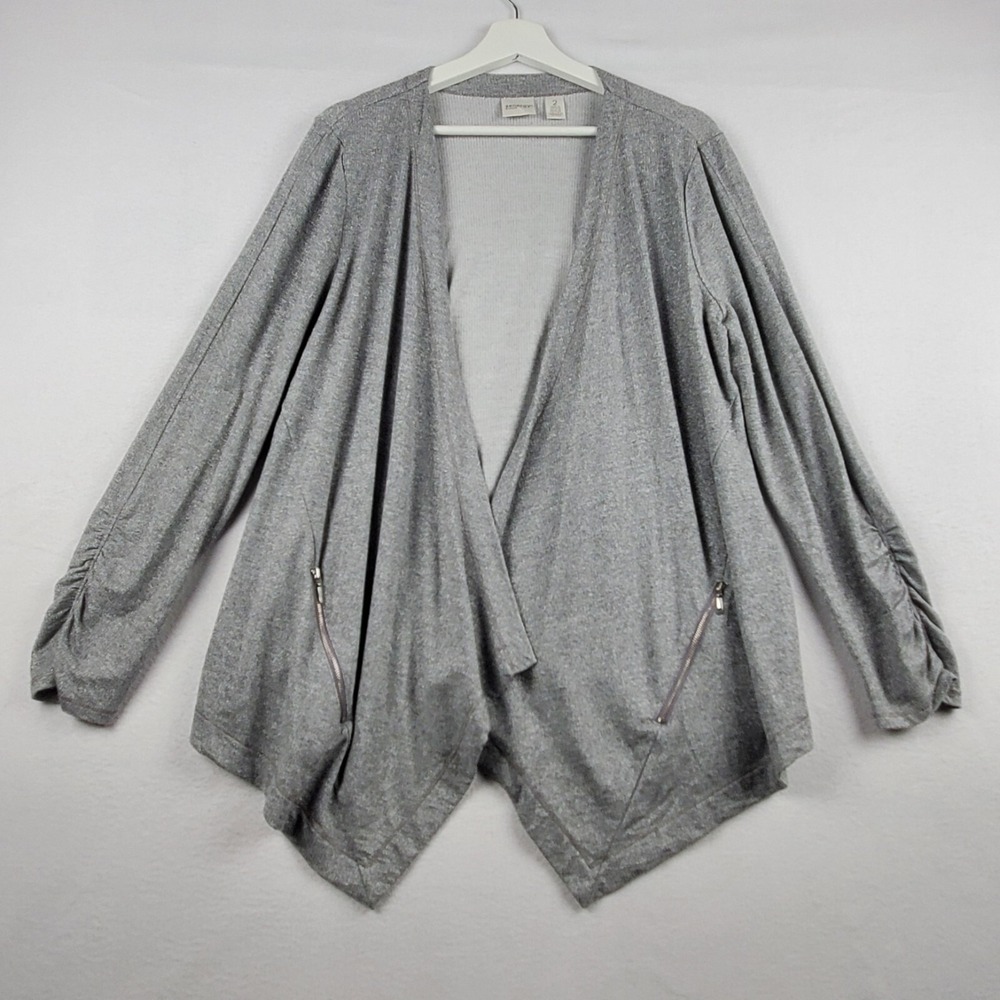 Zenergy By Chico's Flowy Cardigan Sweater 2 Gray Rayon Sparkle Ruched Sleeve‎